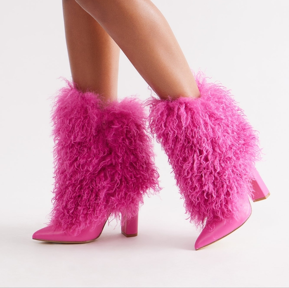 Fashion Nova Hot Pink Curly Faux-Fur Heeled Boots
